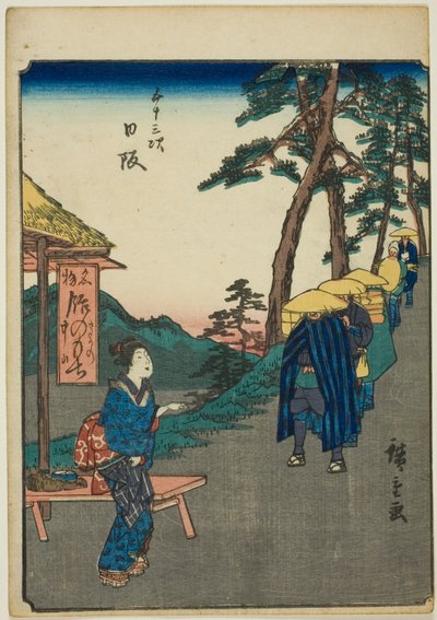 Nissaka, de la serie "Cincuenta y tres estaciones [del Tokaido] (Gojusan tsugi)," también conocida como el Tokaido de figuras (Jinbutsu Tokaido) de Utagawa Hiroshige