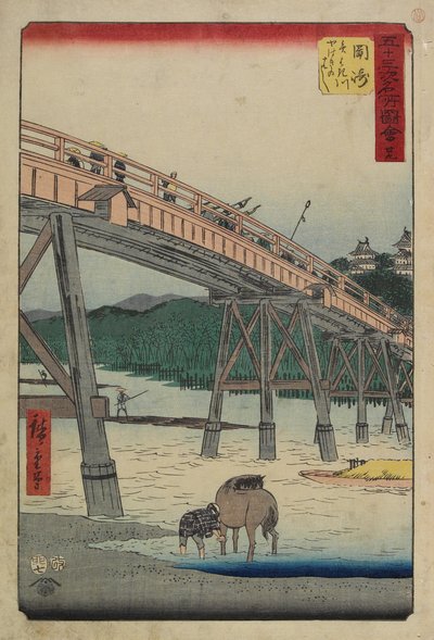 No.39 Puente Yahagi sobre el río Yahagi, Okazaki, julio de 1855 de Utagawa Hiroshige