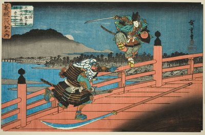 No. 9: Ushiwakamaru Derrota a Musashibo Benkei en el Puente Gojo, de la serie "La Vida de Yoshitsune" de Utagawa Hiroshige