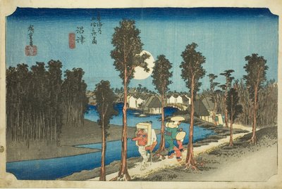 Numazu—Anochecer (Numazu—tasogare zu), de la serie Las cincuenta y tres estaciones del camino Tōkaidō (Tōkaidō gojūsan tsugi no uchi) de Utagawa Hiroshige