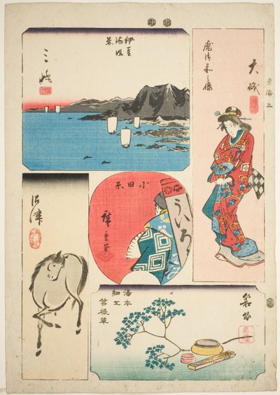 Oiso, Odawara, Hakone, Mishima y Numazu, no. 3 de la serie "Imágenes recortadas del Tokaido (Tokaido harimaze zue)" de Utagawa Hiroshige