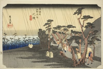 Oiso: La lluvia de Tora (Oiso, Tora ga ame), de la serie "Cincuenta y tres estaciones del camino de Tokaido (Tokaido gojusan tsugi no uchi)", también conocida como Hoeido Tokaido. de Utagawa Hiroshige