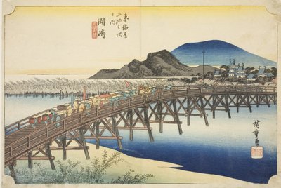 Okazaki: Puente Yahagi (Okazaki, Yahagi no hashi), de la serie "Cincuenta y tres estaciones del Tokaido (Tokaido gojusan tsugi no uchi)," también conocida como el Tokaido de Hoeido de Utagawa Hiroshige