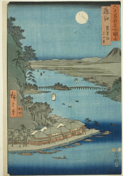 Provincia de Omi: Lago Biwa y Templo Ishiyama (Omi, Biwako Ishiyamadera), de la serie "Lugares Famosos en las Sesenta y Pico Provincias (Rokujuyoshu meisho zue)" de Utagawa Hiroshige