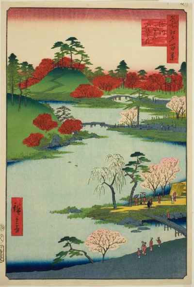 Apertura del jardín en el Santuario Fukagawa Hachiman (Fukagawa Hachiman yamabiraki), de la serie "Cien vistas famosas de Edo (Meisho Edo hyakkei)" de Utagawa Hiroshige