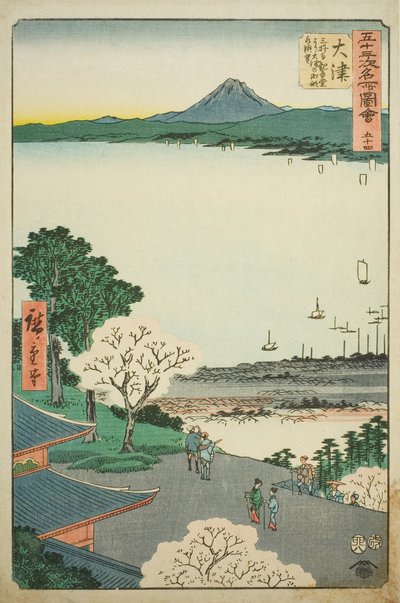 Otsu: Vista lejana de Otsu y el lago desde el Salón Kannon del Templo Mii (Otsu, Miidera Kannondo yori Otsu no machi kosui chobo), no. 54 de la serie "Vistas famosas de las cincuenta y tres estaciones (Gojusan tsugi meisho zue)" de Utagawa Hiroshige