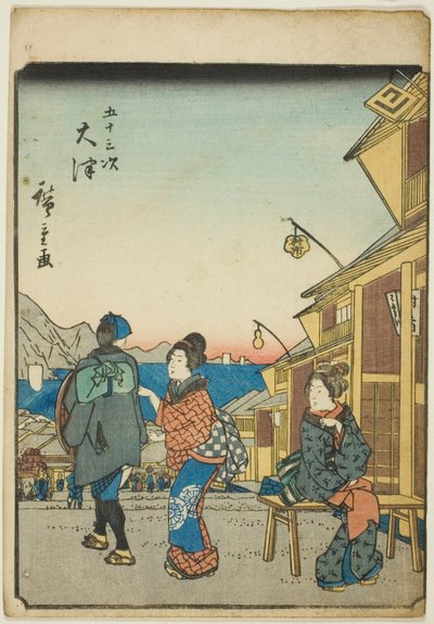 Otsu, de la serie "Cincuenta y tres estaciones [del Tokaido] (Gojusan tsugi)," también conocida como el Tokaido de figuras (Jinbutsu Tokaido) de Utagawa Hiroshige
