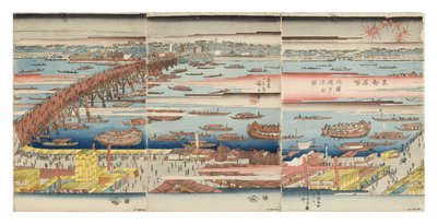 Vista panorámica de una tarde de verano en el puente Ryogoku, c.1832-34 de Utagawa Hiroshige