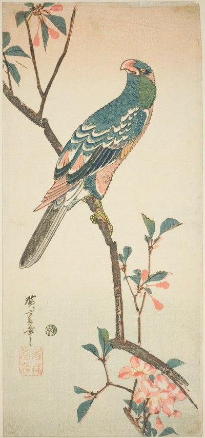 Loro en una rama floreciente de Utagawa Hiroshige
