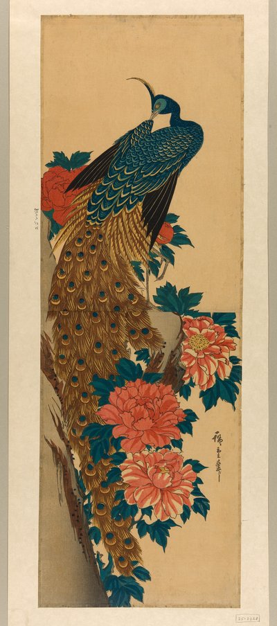 Pavo real y peonías de Utagawa Hiroshige