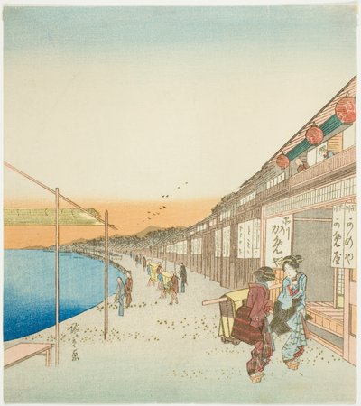 Peatones y tiendas junto al puerto de Shinagawa de Utagawa Hiroshige