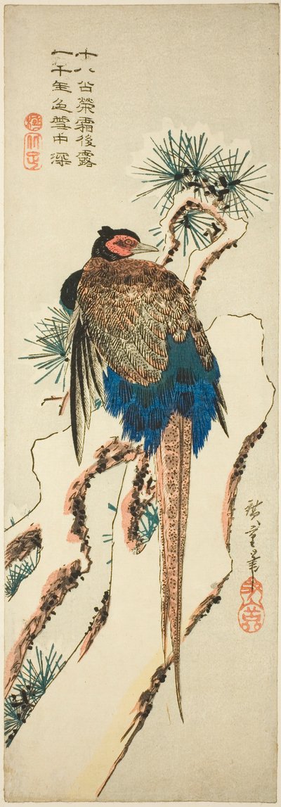 Faisán en un pino cubierto de nieve de Utagawa Hiroshige