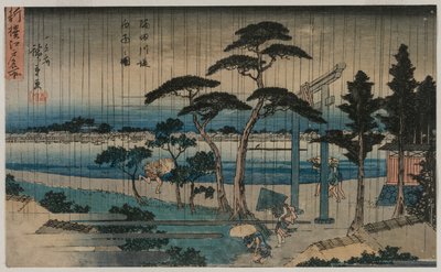 Imagen de lluvia ligera en el terraplén del río Sumida, de la serie Una nueva selección de lugares famosos en Edo de Utagawa Hiroshige
