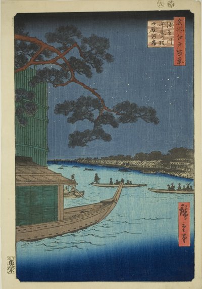 Pino del éxito y Oumayagashi, río Asakusa (Asakusagawa Shubi no matsu Oumayagashi), de la serie "Cien vistas famosas de Edo (Meisho Edo hyakkei)" de Utagawa Hiroshige