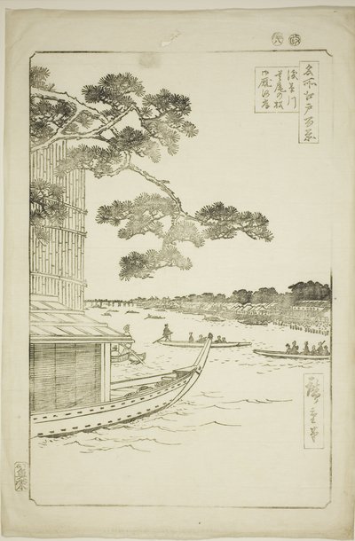 Pino del éxito y Oumayagashi, río Asakusa (Asakusagawa shubi no matsu Oumayagashi), de la serie "Cien vistas famosas de Edo (Meisho Edo hyakkei)" de Utagawa Hiroshige