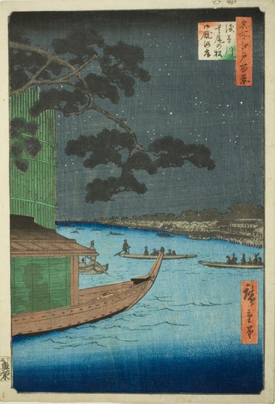 Pino del éxito y Oumayagashi, río Asakusa (Asakusagawa shubi no matsu Oumayagashi), de la serie Cien vistas famosas de Edo (Meisho Edo hyakkei) de Utagawa Hiroshige