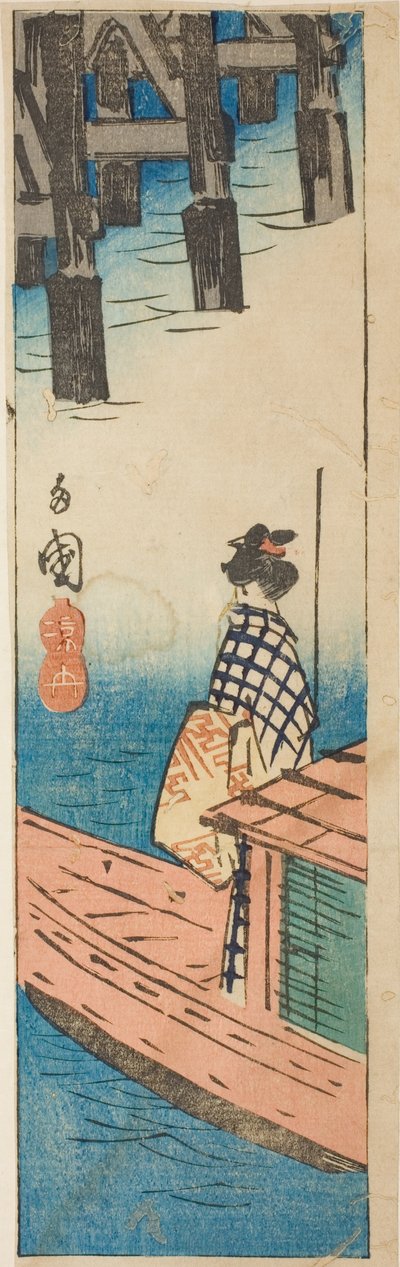 Barco de placer en el puente Ryogoku, sección de una hoja de la serie "Recortes de lugares famosos en Edo" de Utagawa Hiroshige
