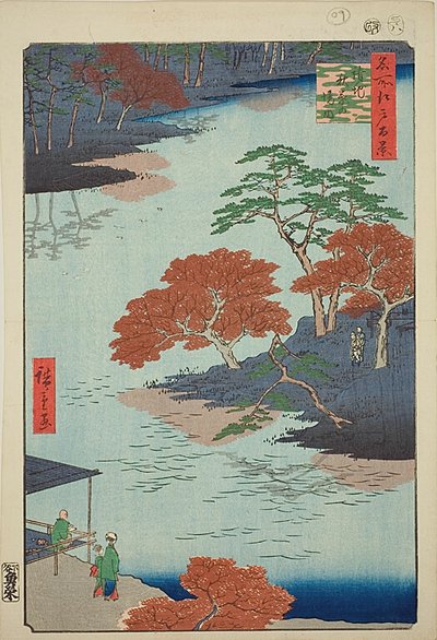 Precintas del Santuario Akiba, Ukeji (Ukeji Akiba no keidai), nº 91 de la serie "Cien vistas famosas de Edo (Meisho Edo hyakkei)". de Utagawa Hiroshige