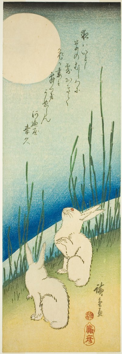 Conejos bajo la luna llena de Utagawa Hiroshige
