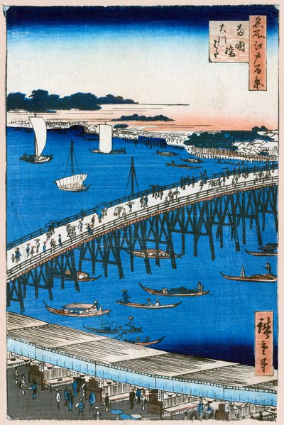 Orilla del Río en el Puente Ryogoku, Cien Vistas Famosas de Edo, 1856-1858 de Utagawa Hiroshige