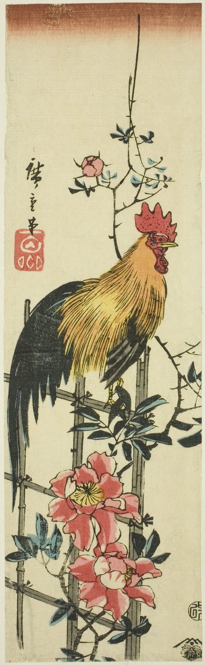 Gallo posado en enrejado de rosas de Utagawa Hiroshige