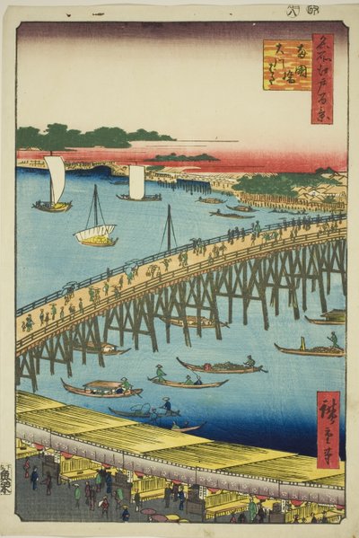 Puente Ryogoku y la Gran Ribera (Ryogokubashi Okawabata), de la serie "Cien vistas famosas de Edo (Meisho Edo hyakkei)" de Utagawa Hiroshige
