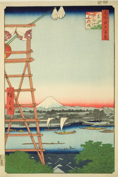 Ryogoku Ekoin y Puente Moto-Yanagi (Ryogoku Ekoin Moto-Yanagibashi), de la serie "Cien Vistas Famosas de Edo (Meisho Edo hyakkei)" de Utagawa Hiroshige