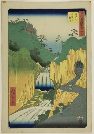 Sakanoshita: Kannon en la cueva (Sakanoshita, Gankutsu no Kannon), no. 49 de la serie "Lugares famosos de las Cincuenta y Tres Estaciones (Gojusan tsugi meisho zue)", también conocida como Tokaido Vertical. de Utagawa Hiroshige