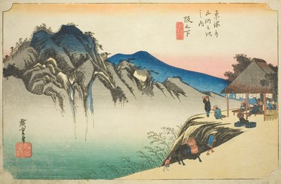 Sakanoshita: Pico de la Montaña Fudesute (Sakanoshita, Fudesute mine), de la serie "Cincuenta y Tres Estaciones del Tokaido (Tokaido gojusan tsugi no uchi)," también conocida como el Tokaido de Hoeido de Utagawa Hiroshige