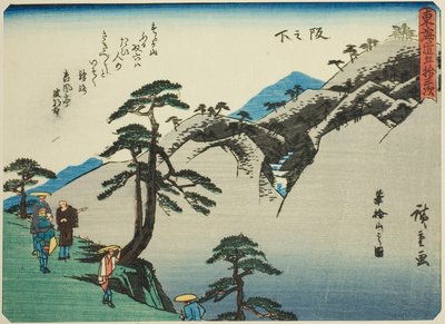 Sakanoshita: Vista del Monte Fudesute (Sakanoshita, Fudesuteyama no zu), de la serie "Cincuenta y tres estaciones del Tokaido (Tokaido gojusan tsugi)," también conocido como el Tokaido con poema (Kyoka iri Tokaido) de Utagawa Hiroshige