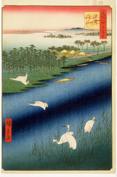 Ferry de Sakasai, lámina 67 de la serie Cien vistas famosas de Edo, Periodo Edo, Era Ansei, 1857 de Utagawa Hiroshige