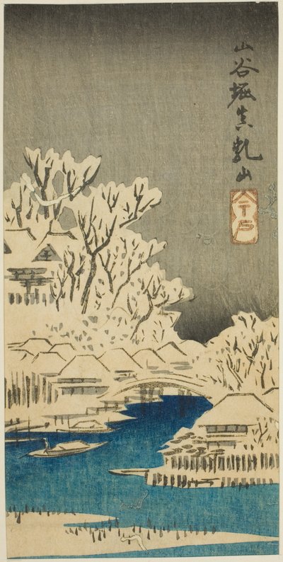 Canal de Sanya y colina de Matsuchi (Sanyabori Matsuchiyama), sección de una hoja de la serie "Recortes de lugares famosos en Edo (Harimaze Koto meisho)" de Utagawa Hiroshige