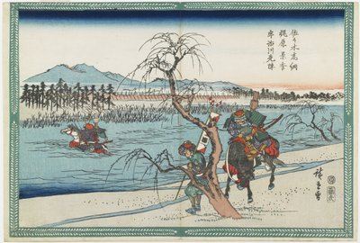 Sasaki Takastuna y Kajiwara Kagetoki compitiendo para tomar la delantera cruzando el río Uji, 1834-1839 de Utagawa Hiroshige