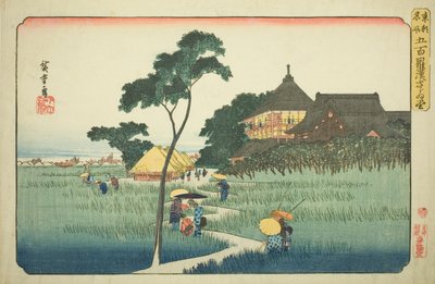 Salón Sazai en el Templo de los Quinientos Arhats (Gohyaku rakan Sazaido), de la serie "Lugares Famosos en la Capital del Este (Toto meisho)" de Utagawa Hiroshige