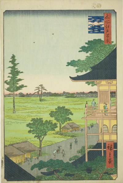 Salón Sazai del Templo de los Quinientos Rakan (Gohyaku Rakan Sazaido), de la serie "Cien Vistas Famosas de Edo (Meisho Edo hyakkei)" de Utagawa Hiroshige
