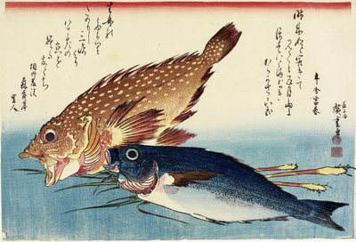Pez escorpión, pez gallo y brotes de jengibre, c. 1832 de Utagawa Hiroshige