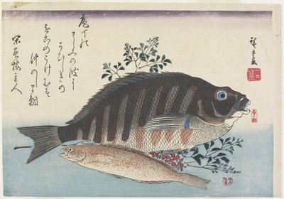 Besugo, pez dulce y ramas de nandina, c. 1840 de Utagawa Hiroshige