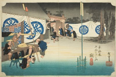 Seki: Salida temprana del campamento principal, de la serie "Cincuenta y tres estaciones del Tokaido" de Utagawa Hiroshige