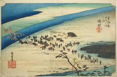 Shimada: La orilla de Suruga del río Oi (Shimada, Oigawa Sungan), de la serie "Cincuenta y tres estaciones del camino Tokaido (Tokaido gojusan tsugi no uchi)", también conocida como el Tokaido de Hoeido de Utagawa Hiroshige
