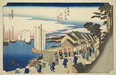 Shinagawa: Salida del Daimyo (Shinagawa, shoko detachi), de la serie "Cincuenta y tres estaciones de la carretera Tokaido (Tokaido gojusan tsugi no uchi)," también conocida como el Tokaido de Hoeido de Utagawa Hiroshige
