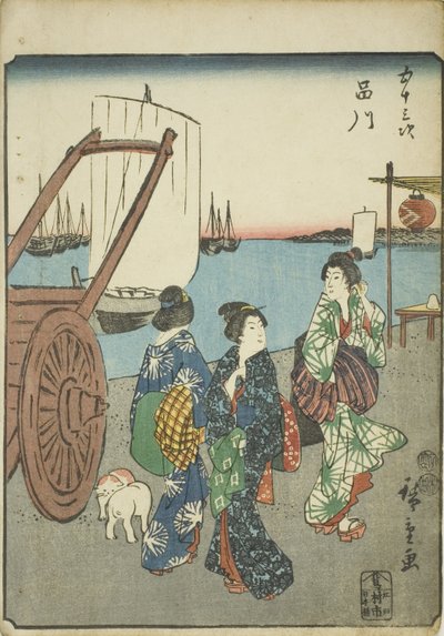 Shinagawa, de la serie "Cincuenta y tres estaciones [del Tokaido] (Gojusan tsugi)," también conocida como el Tokaido de figuras (Jinbutsu Tokaido) de Utagawa Hiroshige