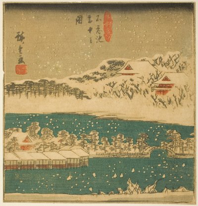 Estanque Shinobazu en nieve caída (Shinobazu ike setchu no zu), sección de una hoja de la serie "Vistas famosas de la capital oriental (Toto meisho)" de Utagawa Hiroshige