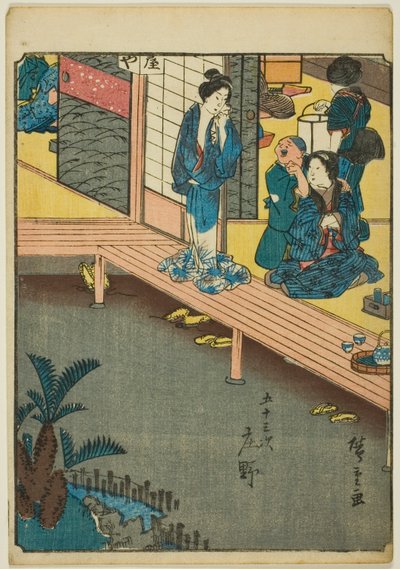 Shono, de la serie "Cincuenta y tres estaciones [del Tokaido] (Gojusan tsugi)," también conocido como el Tokaido de figuras (Jinbutsu Tokaido) de Utagawa Hiroshige