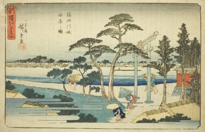 Lluvia en el terraplén del río Sumida (Sumidagawa zutsumi hakuu no zu), de la serie "Lugares Famosos Recientemente Seleccionados en Edo (Shinsen Edo meisho)" de Utagawa Hiroshige
