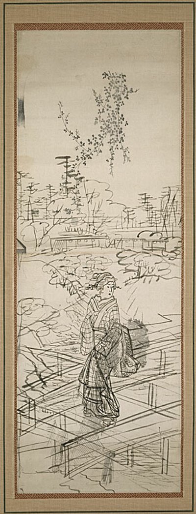 Boceto de mujer cruzando un puente de Utagawa Hiroshige