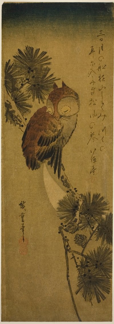 Búho de Cuernos Pequeños, Pino y Luna Creciente de Utagawa Hiroshige