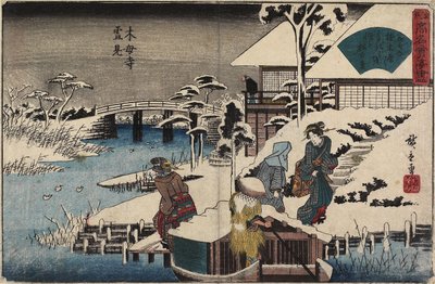 Escena de Nieve en el Templo Mokubo-ji y el Restaurante Uekiya, c. 1835-1842 de Utagawa Hiroshige