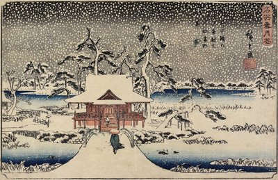 Nieve en el santuario de Benzaiten en el estanque de Inokashira, 1843-1847 de Utagawa Hiroshige