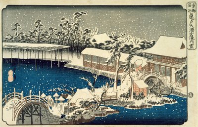 Nieve de noche: una escena que representa una casa, un río y un jardín ornamental bajo la nieve, de la serie 53 Estaciones del Tokaido de Utagawa Hiroshige