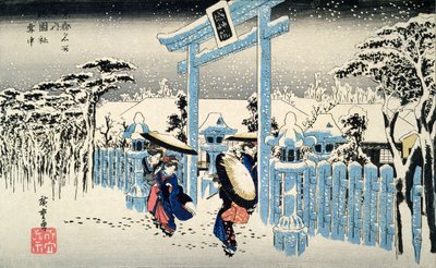 Nieve de noche: mujeres jóvenes salen de un templo bajo una fuerte nevada, de la serie 53 Estaciones del Tokaido de Utagawa Hiroshige
